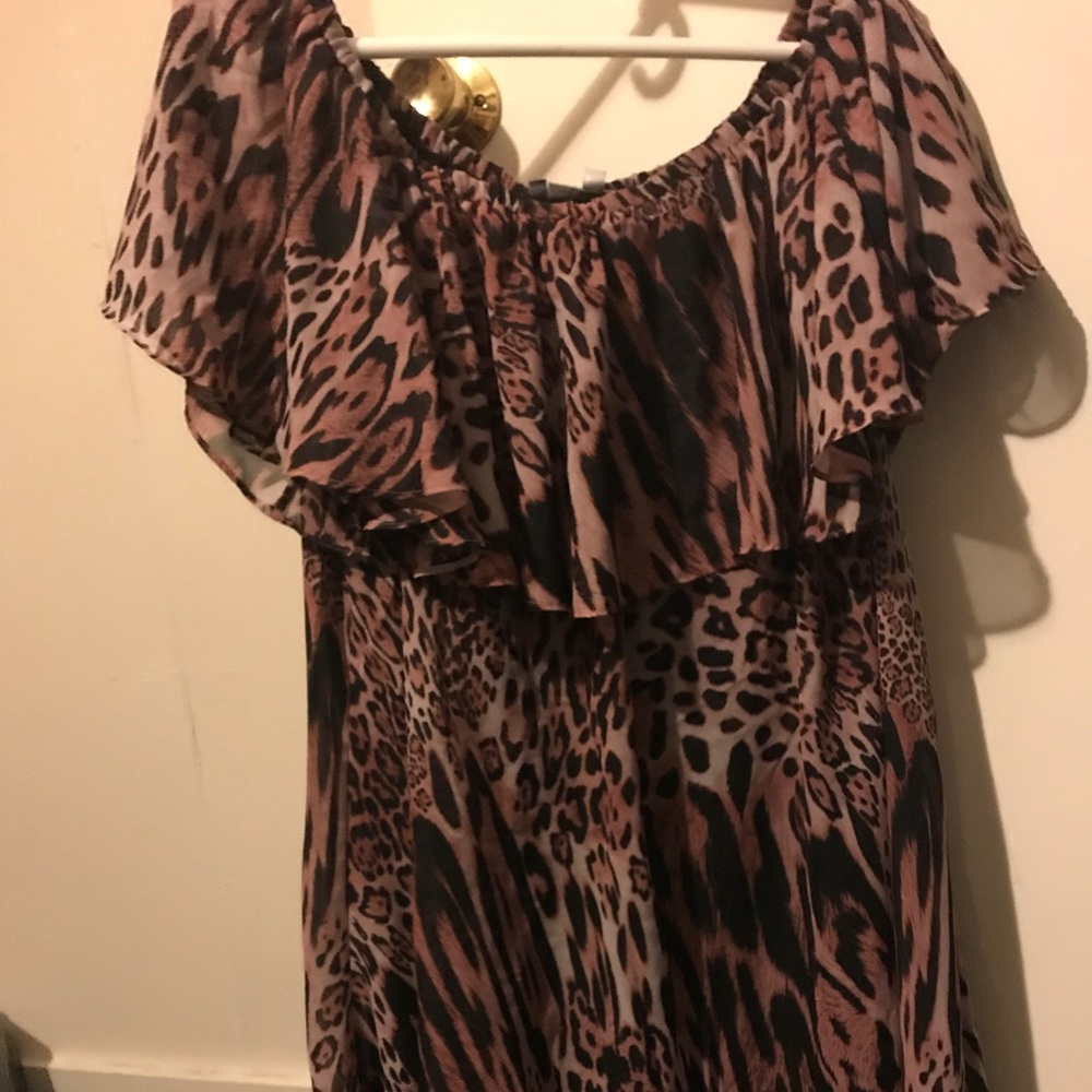 Animal print, off the shoulder midi dress.